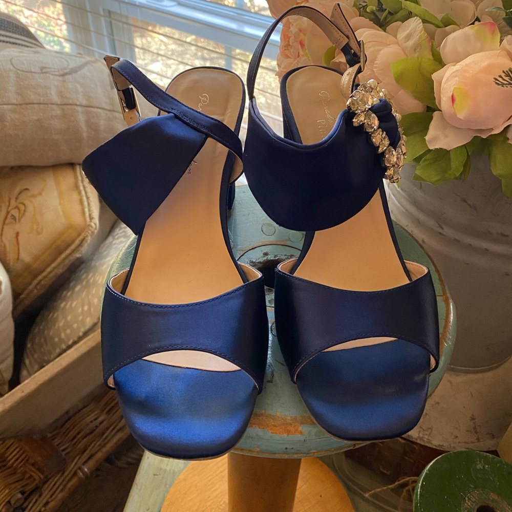 Worn once Satin Blue and Rhinestone Shoes 8